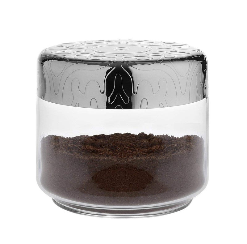 Alessi MW21/50 "Dressed" Glass Jar Hermetic Lid in 18/10 Stainless Steel Mirror Polished With Relief Decoration, Silver